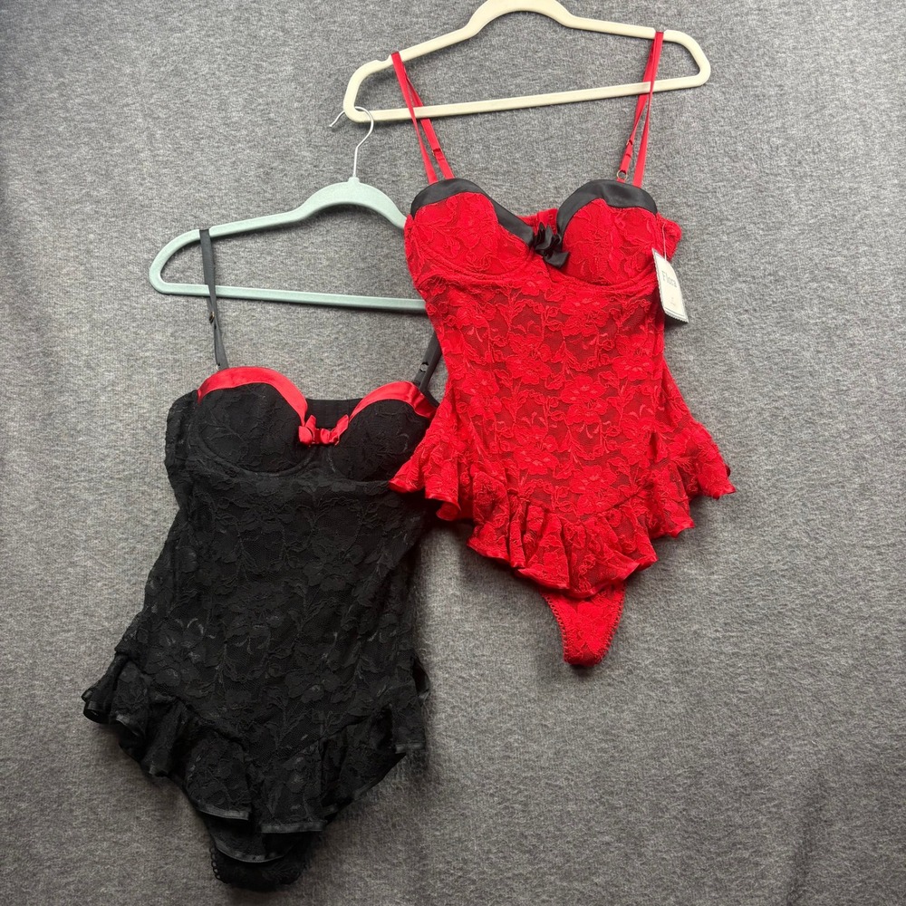 Red & Black Lace‎ Bustier Bodysuit Lingerie Set Underwire Ruffle Teddy Corset
